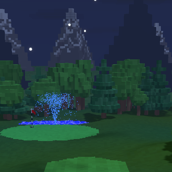 A night hole in the mountains with a glowing blue fountain beside the pin