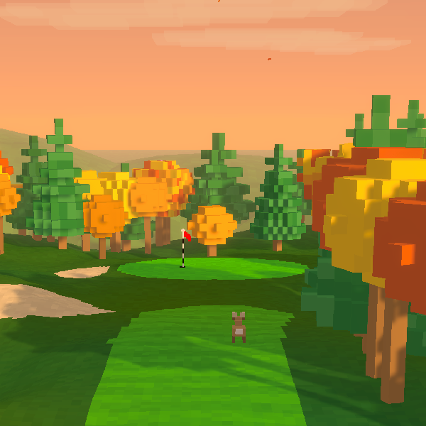 An autumn sunset hole with orange voxel trees and a deer on the fairway