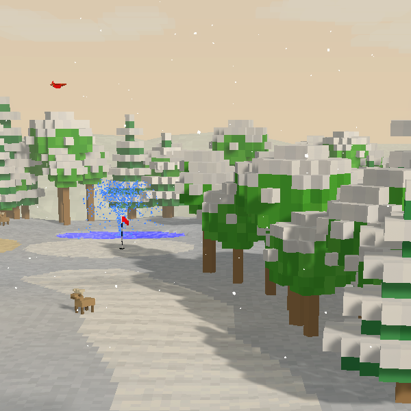 A snow-covered course with frosted pines, a water hazard, and a deer