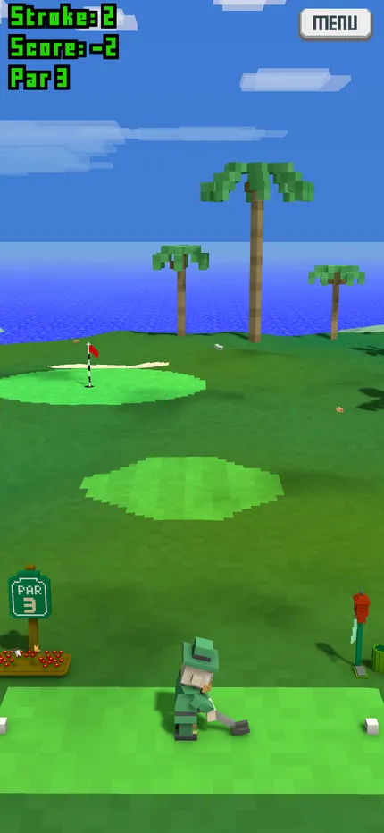 Gameplay: an oceanfront hole with palm trees