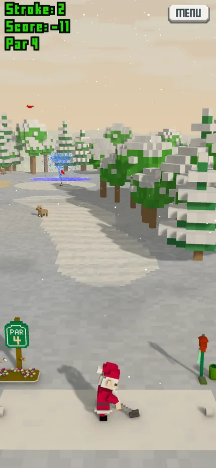 Gameplay: a snowy hole with a red-suited character