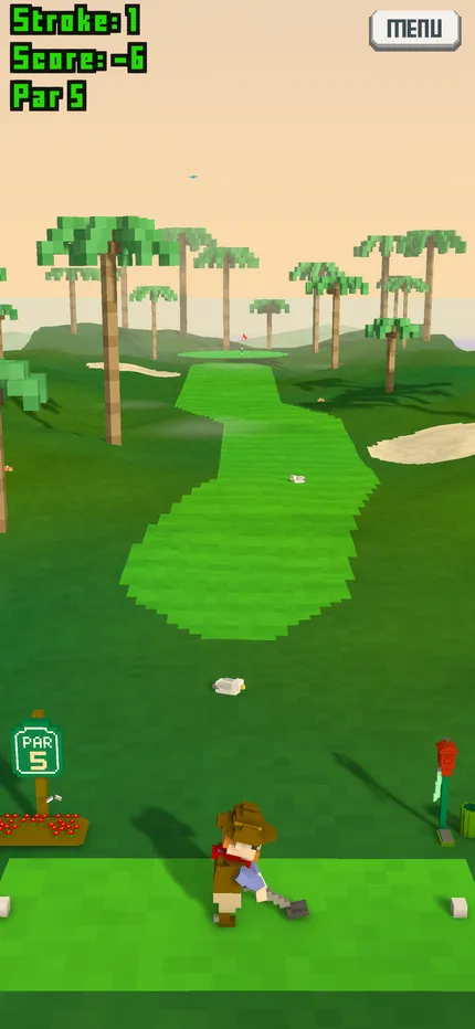 Gameplay: a daytime hole lined with palm trees
