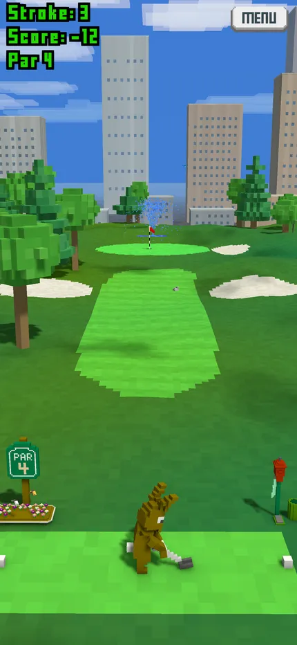 Gameplay: a daytime hole against a city skyline
