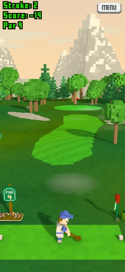 Gameplay: a mountain hole beneath white voxel peaks