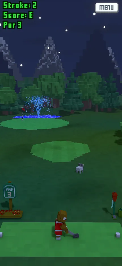 Gameplay: a night hole with a glowing fountain