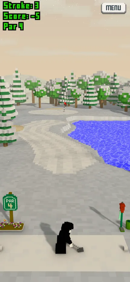 Gameplay: a snowy hole beside a water hazard