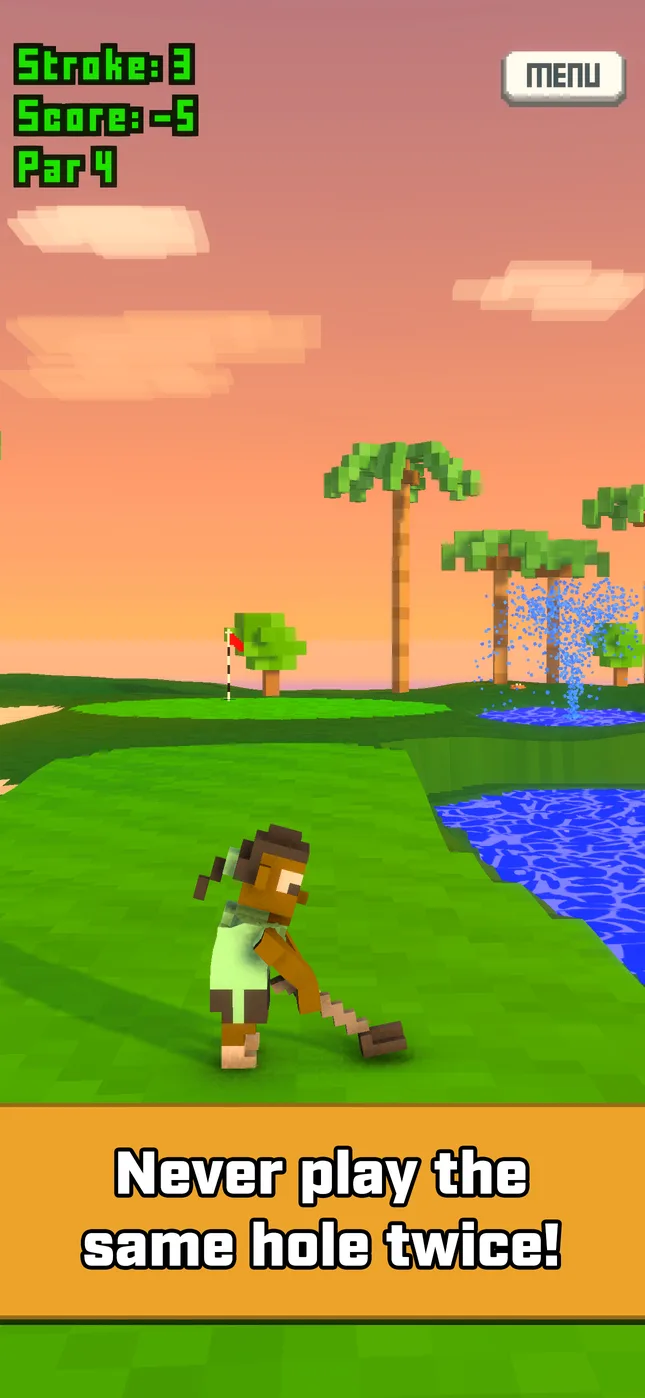An oceanfront hole with palm trees and water beside the fairway. Caption: Never play the same hole twice!
