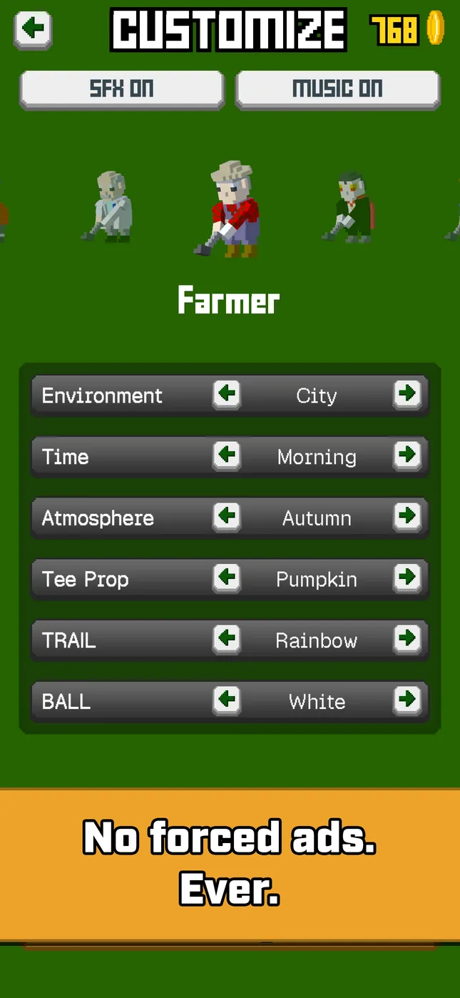 The customize screen showing the Farmer character with setting, time, atmosphere, trail, and ball options. Caption: No forced ads. Ever.