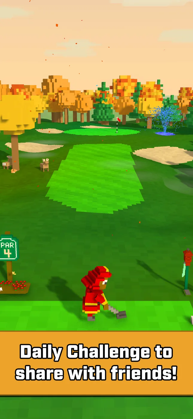 A firefighter character plays an autumn hole under orange trees. Caption: Daily Challenge to share with friends!