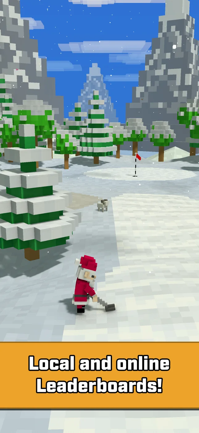 A snowy mountain hole with pixel pines. Caption: Local and online Leaderboards!