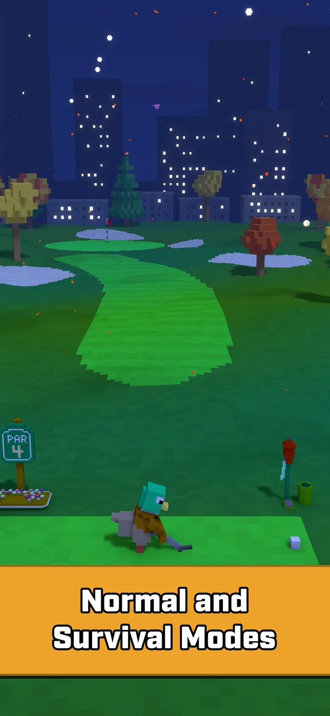 A night hole in front of a lit city skyline. Caption: Normal and Survival Modes.