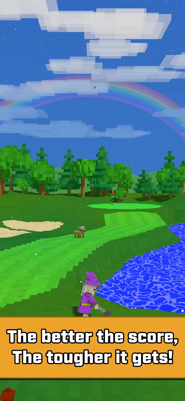A rainbow arcs over a green course while a purple character putts. Caption: The better the score, the tougher it gets!